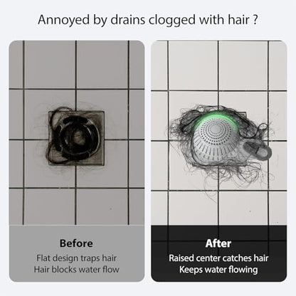 Shower Drain Hair Catcher & Bathtub Drain Hair Catcher, Silicone Drain Hair Catcher with Raised Dome Keeps Draining, Fits Flat & Pop-Up Drains, No-Curl Silicone, No-Touch Pull Tab (White)