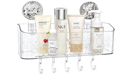 HOME&I Suction Cup Shower Caddy with Twist-to-Lock Mount, Drill-Free Bathroom Organizer for Toothbrush, Toothpaste & Razor, Self-Draining Storage Rack with 5 Hooks - size: Shower Caddy – 1 Pack