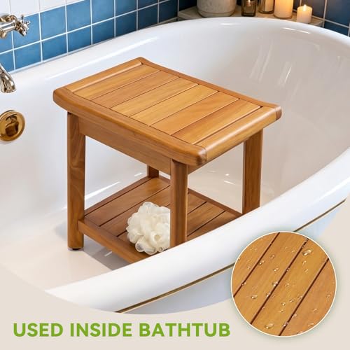 Teak Shower Bench for Inside Shower, Waterproof Wooden Shower Stool | Shower Stool with Storage Shelf, Non Slip Bathroom Seat for Safe Bathing & Daily Support, Compact Spa Shower Bench (14 Inch) - size: 14"-Standard