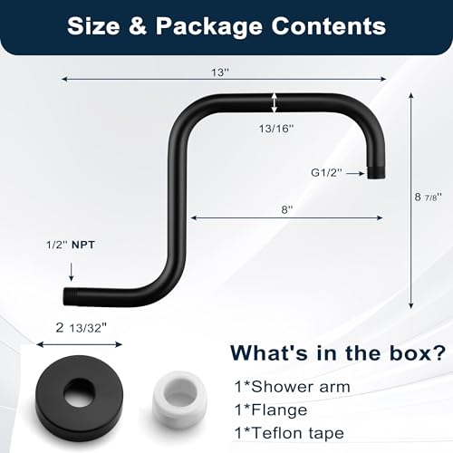 BRIGHT SHOWERS Shower Head Extension Arm 13 Inch S Shaped Gooseneck Shower Riser with Flange, Long Stainless Steel Rainfall Shower Pipe Arm Extender and Shower Neck Replacement, Matte Black - color: Matte Black, style: S-Shape 13 Inch