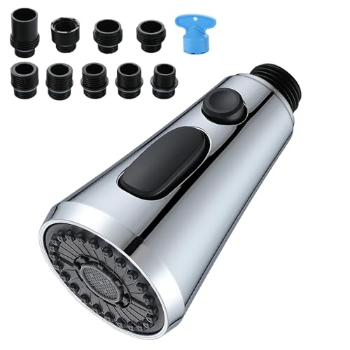 Chrome Pull Down Kitchen Faucet Head Replacement with 9 Adapters | 3-function spray, stream, spray & high-pressure rinse, 9 adapters, fits most faucets, removable aerator, no tools needed - color: Chrome Finish