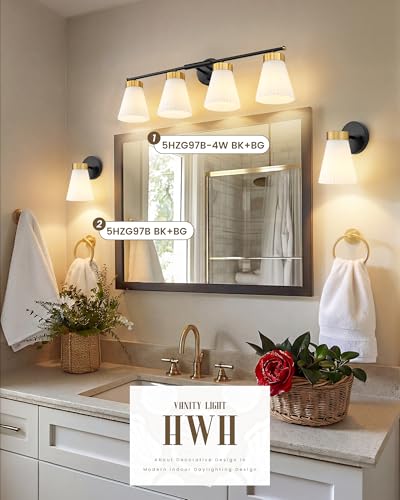4-Light Bathroom Light Fixture, HWH 32 Inch Vanity Lights Over Mirror, Modern Sconce Wall Lighting with Frosted Milk White Striped Glass, Black and Gold Finish, 5HZG97B-4W BK+BG - color: Black and Gold, size: 4-Light