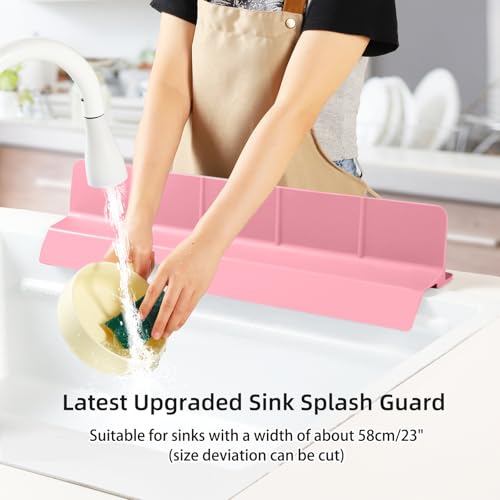 23" Ultra Silicone High Sink Splash Guard, Pink | Released in 2026, Self-Draining Water Splash Guard, for Kitchen Sink&Bathroom&Island, 3.5" Splash Guard, 7 Strong Suction Cup - color: Pink