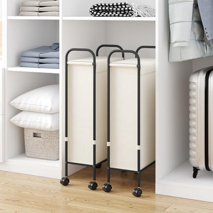 ELYKEN Slim Laundry Hamper with Lid & Wheels, 50L Rolling Laundry Basket | 7.9" Narrow Design, 50L, Removable Liner Bag, Lockable Wheels, Space Saving Clothes Hamper for Bathroom, Bedroom, Closet - style: Creamy-50L