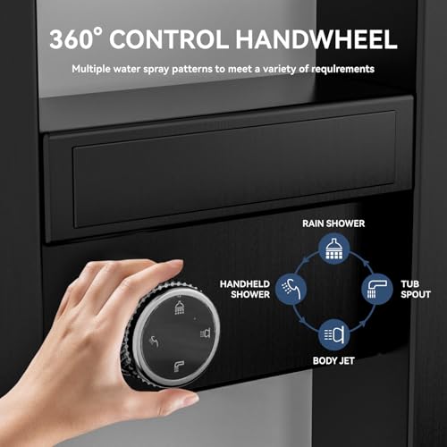 ELLO&ALLO Shower Panel Tower System with Shelf, Rainfall Shower Head and Rain Massage System with Body Jets, Stainless Steel Bathroom Fixtures, Black&Chrome