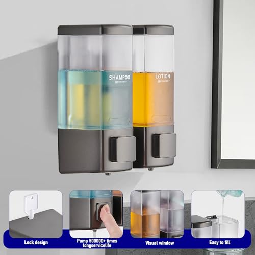 Pollock Shampoo and Conditioner Dispenser 2 Chamber * 500ML | Shower Soap Dispenser Wall Mounted, Body Wash Dispenser No Drill, Refillable Shower Dispenser for Bathroom - color: Blk-zt-53-gun2