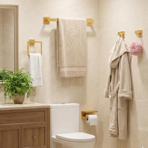 5-Piece Bathroom Hardware Set, 23.6 Inch Towel Bar Set SUS304 Stainless Steel Towel Racks for Bathroom Round Towel Bar, Towel Ring, Toilet Paper Holder, 2 Robe Hooks, Wall Mounted (Brushed Gold) - color: Brushed Gold, size: 5 pack