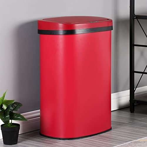 Kitchen Trash Waste Bin 13 Gallon 50 Liter High Capacity Brushed Stainless Steel Garbage Can Touch Free Automatic Trash Can with Lid for Home Office Red - color: Red