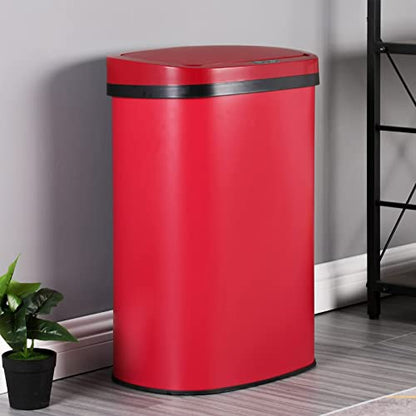 Kitchen Trash Waste Bin 13 Gallon 50 Liter High Capacity Brushed Stainless Steel Garbage Can Touch Free Automatic Trash Can with Lid for Home Office Red - color: Red