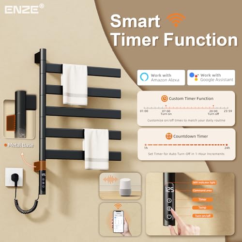 Smart Rotating Heated Towel Rack, 5-Bar Wall-Mounted, Black | Electric Towel Warmer for Bathroom, Swivel Bars, Wi-Fi App Control, 1-24H Timer, 115-155°F, 120W, IPX5, Plug-In or Hardwired - color: Black 17.72"x26.77"
