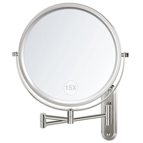 Wall Mounted Makeup Mirror - 8.5in Double Sided Makeup Mirror with Extended Arm,1X/15X Magnifying Mirror for Makeup or Shaving - Chrome, No Lights | 8.5in Double Sided Makeup Mirror with Extended Arm,1X/15X Magnifying Mirror for Makeup or Shaving - Chrome