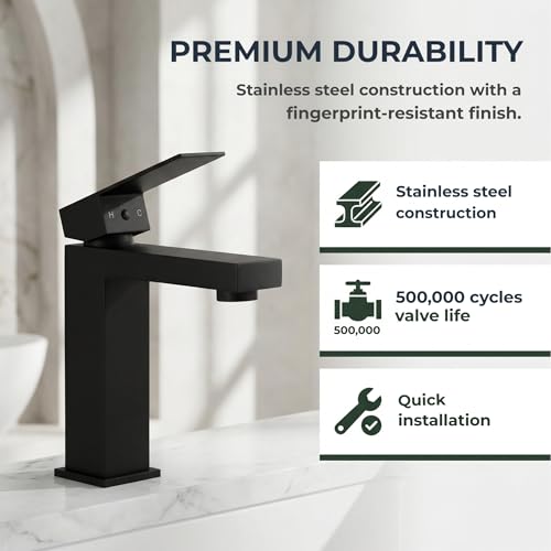 Matte Black Bathroom Faucet, Modern Single Handle Square Bathroom Sink Faucet with Pop Up Drain Assembly, Stainless Steel Vanity Bathroom Faucets, Single Hole Deck Mount,BF011B - color: S-Matte Black, style: Short