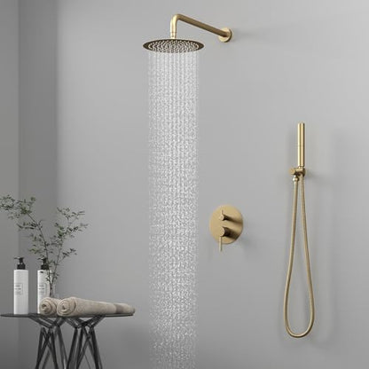 BESy Shower System with 10 Inch Round Rain Shower Head and Handheld Wall Mounted, High Pressure Rainfall Shower Faucet Fixture Combo Set with 2 in 1 Handheld Showerhead for Bathroom, Gold - color: Gold