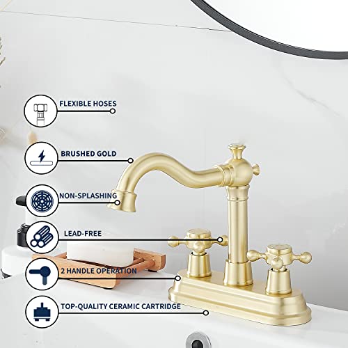 Bathroom Faucet Brushed Gold GGStudy 2 Handles 4 Inches Centerset Bathroom Vanity with Drain Assembly and Supply Hose Lavatory Mixer Double Handle Tap - color: Brushed Gold, style: Metal Cover
