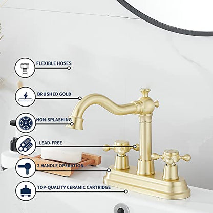Bathroom Faucet Brushed Gold GGStudy 2 Handles 4 Inches Centerset Bathroom Vanity with Drain Assembly and Supply Hose Lavatory Mixer Double Handle Tap - color: Brushed Gold, style: Metal Cover