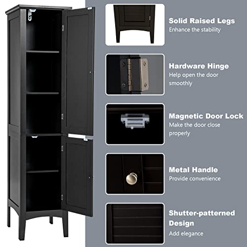 Tangkula Tall Bathroom Storage Cabinet, 5-Tier Wooden Freestanding Tower Cabinet, Narrow Storage Floor Cabinet w/ 2 Doors & Shelves for Bathroom Living Room Kitchen (Black)