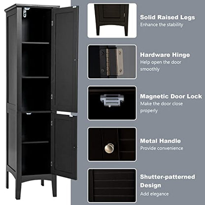 Tangkula Tall Bathroom Storage Cabinet, 5-Tier Wooden Freestanding Tower Cabinet, Narrow Storage Floor Cabinet w/ 2 Doors & Shelves for Bathroom Living Room Kitchen (Black)