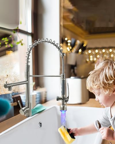 Fapully Commercial Pull Down Sprayer Brushed Nickel Kitchen Faucet | Single Handle Kitchen Sink Faucet with LED Light - color: Brushed Nickel, style: Modern