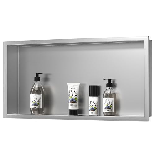 Stainless Steel Shower Niche Brushed 24" X 12" No Tile Needed Niche | Recessed shower niche,silver niche shower for bathroom storage，space-saving,horizontal metal niche,built-in showe shelf - color: Brushed, size: 24" X 12"