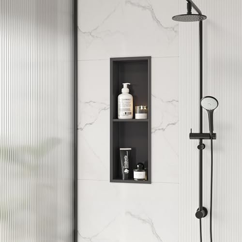 Qeke 8" x 24" Stainless Steel Shower Niche w/Double Shelves, Gun Metal | No tile Needed Wall Niche, Recessed Niche for Bathroom Storage, Space Saving, Over Mount Installation - color: Gun Metal, size: 8X24"