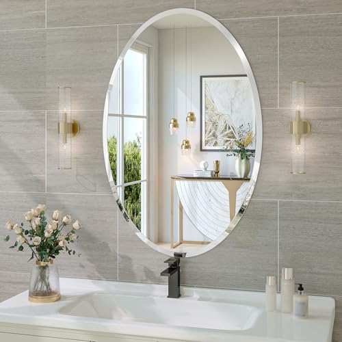 Frameless Oval Mirror, 24"x36" Beveled Bathroom Vanity Mirrors | 20mm beveled edge, 5mm HD glass, frameless, anti-rust, shatterproof, french cleat, horizontally or vertically - size: 24"L x 36"W