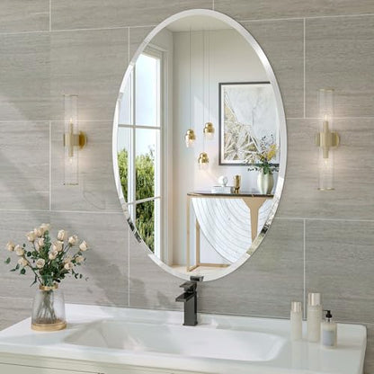 Frameless Oval Mirror, 24"x36" Beveled Bathroom Vanity Mirrors | 20mm beveled edge, 5mm HD glass, frameless, anti-rust, shatterproof, french cleat, horizontally or vertically - size: 24"L x 36"W