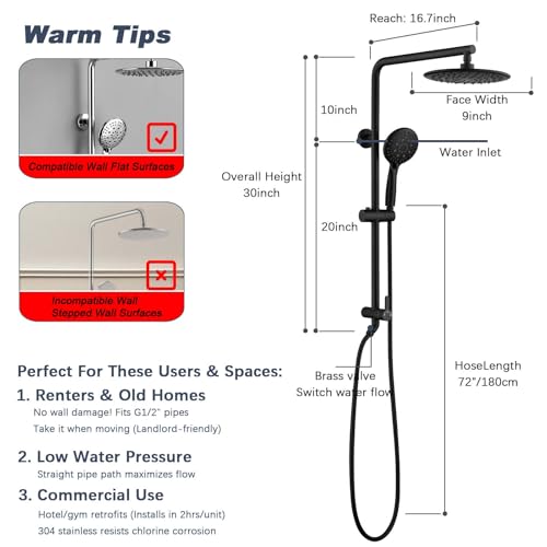 SonTiy 5-Function Retrofit Shower System Matte Black 9 Inch Rain Shower Head with Handheld Spray, Outdoor Stainless Steel Shower Rail Kit for Shower Remodel 2.5Gpm