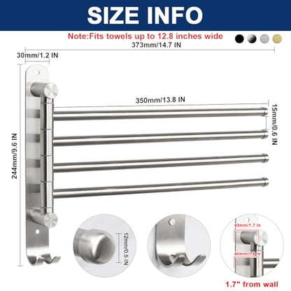 NearMoon Swivel Towel Rack, 13.8" Thicken 304 Stainless Steel 4-Arm Towel Bar, Space Saving Wall Mounted Towel Holder with Hook, Rustproof Swing Out Towel Hanger for Bathroom, Kitchen (Brushed Nickel) - color: Brushed Nickel, size: 13.8 Inch
