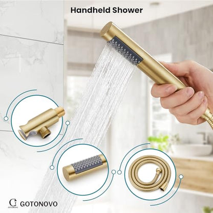 gotonovo Shower Faucet Set with Rough-in Valve Trim Kit,Brushed Gold | 10 Inch Round Rain Showerhead with Handheld Spray,Bathroom Wall Mount Shower System Complete Combo,2-in-1 Diverter,All Metal - color: Gold