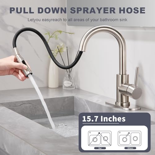Brushe Nickel Bathroom Sink Faucet with Pull Down Sprayer | 2 Mode Sprayer, with Deck Plate for 1 or 3 Hole, 360° Swivel, with Pop Up Drain for Vanity Bar RV Basin Laundry - color: Brushed Nickel