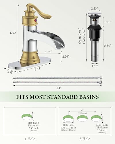 Bathroom Faucet Waterfall Sink Faucets Bathroom Widespread Single Handle | Chrome and Gold for 1 or 3 Holes Rustic Vanity Farmhouse with Pop-up Drain Deck Plate Hose by Homevacious - color: Chrome & Gold
