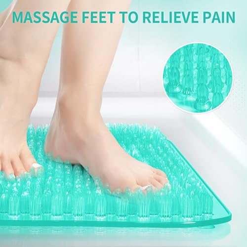 Yolife Shower Foot Scrubber Mat, Anti-Slip Bath Mat with Scrub Bristles, Soft Shower Foot Massager with Strong Suction Cups for Soothe Achy Feet, 25.6" x 13.4" - color: Green, size: 25.6" x 13.4" (Rectangular)