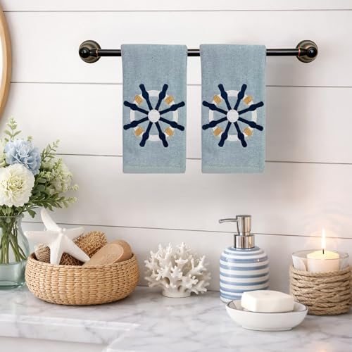 Serafina Home Coastal Nautical Ocean Embroidered Navy White Fingertip Towels, Captains Ship Wheel, Set of 2, 12 x 18 inches, 100% Cotton, - color: Ships Wheel
