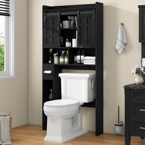 Halitaa Over The Toilet Storage Cabinet with Sliding Doors,Pure Black | Farmhouse Storage Cabinet Over Toilet, Home Space-Saving Toilet Rack, for Restroom, Bathroom, Laundry. - color: Black, style: Sliding Doors