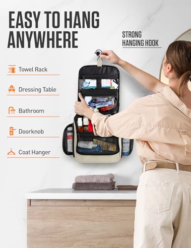 VENTURE 4TH Hanging Travel Toiletry Bag, 18 Compartments - Beige | Hangs on rails, hooks or doors; stands upright. Removable TSA pouch. Water-resistant Nylon 290D Twill, reinforced stitching. - color: Beige