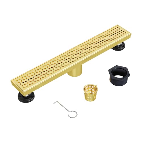 Neodrain 18" Linear Shower Drain, Gold 304 SS Bathroom Linear Drain,cUPC | Gold Shower Drain with Quadrato Grate& Adjustable Feet, Long Rectangle Shower Floor Drain in Bathroom, Balcony etc - color: Golden, size: 18 In
