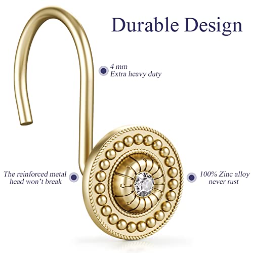 Gold Rhinestone Shower Curtain Hooks, 12 Pack Rustproof Metal Rings | Zinc alloy & acrylic rhinestone design; 4 mm thick wire holds up to 50 lb; anti-rust coating for wet bathroom - color: Gold