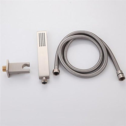 Brushed Nickel Hand Held Shower Head With Wall Connector Hose Set | Square Solid Brass Hand Shower Wand and Fixed Shower Bracket High Pressure Single Function For Bathroom Showers - color: Brushed nickel handheld set