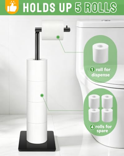 Free Standing Toilet Paper Holder, Bathroom Toilet Paper Stand with Shelf Hold 4 Paper Rolls, Modern Square Base Tissue Roll Storage Holder, Black, Naturous