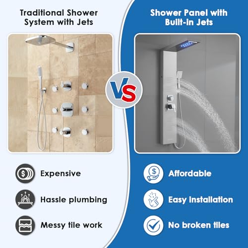 ROVOGO LED Shower Panel Tower System with Lights, 5 Shower Modes, 46.5 Inch | Rainfall Waterfall Shower Head, 4 Body Jets, Handheld and Tub Spout, Stainless Steel Shower Column with Brass Valves, Brushed - color: Brushed-4 jets