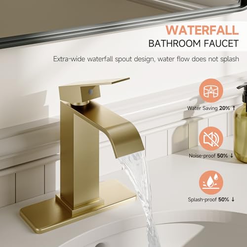 Brushed Gold Bathroom Faucets Evolvegoods Modern Waterfall Bathroom Faucet | Single Handle 1 or 3 Hole Bathroom Sink Faucet RV Mixer Tap Vanity Faucet with Deck Plate Pop-up Drain and Supply Lines - color: Brushed Gold