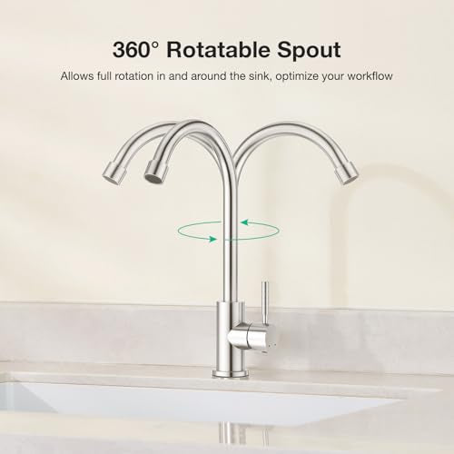 CREA Brushed Faucet for Kitchen Bar Outdoor Sink 1 Hole 3Holes(with Deck Plate)，High Arc 360°Swivle Single Handle Tap Brushed 304 Stainless Steel - color: Brushed, style: Mixed water pipe