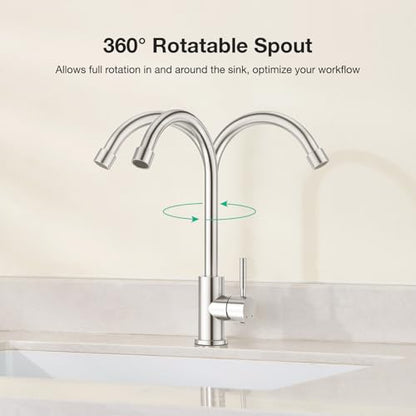 CREA Brushed Faucet for Kitchen Bar Outdoor Sink 1 Hole 3Holes(with Deck Plate)，High Arc 360°Swivle Single Handle Tap Brushed 304 Stainless Steel - color: Brushed, style: Mixed water pipe