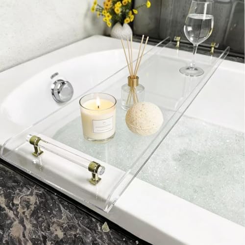 WANLIAN 33inch Luxury Bathtub Caddy Tray for Bathroom Bath tub Table Caddy Shelf for Shower Storage Organizer tub Accessories for Bath tub Table Caddy (Gold-Clear) - color: Gold-clear