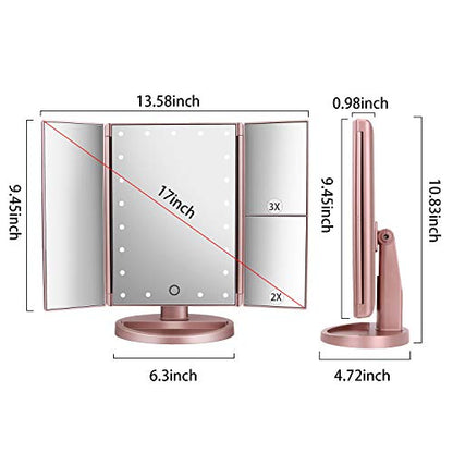Dresser Mount Tri-Fold Lighted Vanity Mirror with 21 LED Lights, Touch Screen and 3X/2X/1X Magnification, Two Power Supply Modes Make Up Mirror,Travel Mirror - color: Rose Gold