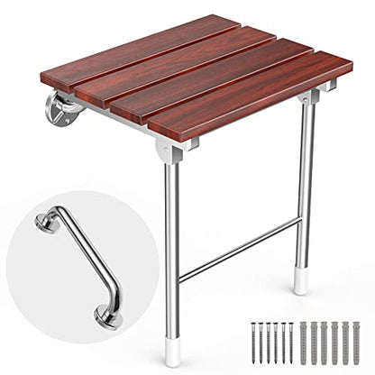 Folding Shower Seat Wall Mount, Foldable Wall Wood Shower Chair Bench for Seniors, Bathroom Safety Shower Stool for Small Shower