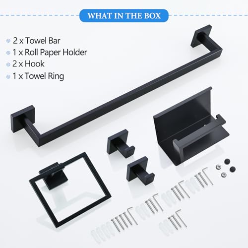 6-Piece Black Bathroom Hardware Set 23.6 Inch Towel Bar Set Double Towel Bar Towel Ring Coat Hook and Toilet Paper Holder with Shelf Wall Mounted Stainless Steel Bathroom Accessories Set - color: 6-piece Black