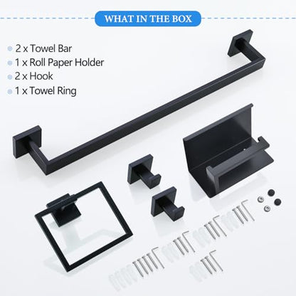 6-Piece Black Bathroom Hardware Set 23.6 Inch Towel Bar Set Double Towel Bar Towel Ring Coat Hook and Toilet Paper Holder with Shelf Wall Mounted Stainless Steel Bathroom Accessories Set - color: 6-piece Black