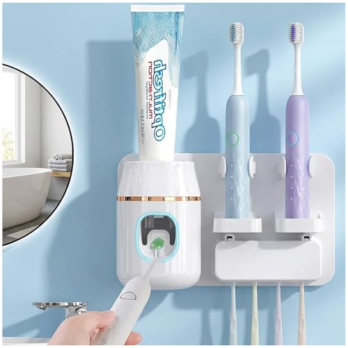 TuCao Wall Mounted Toothbrush Holder with Automatic Toothpaste Dispenser, No Drill Bathroom Organizer White