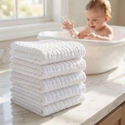 Muslin Baby Washcloths 100% Baby Washcloths Cotton Face Towels 10 Pack Burp Cloths Baby Girl Boy Soft and Absorbent Baby Wipes Burp Rags Bath Essentials - color: White-10pack-binding
